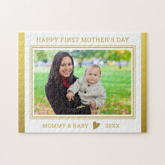 Happy 1st Mother's Day  Mum And Baby Photo Gold Jigsaw Puzzle (Horizontal)