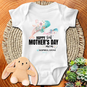 Happy 1st Mother's Day Mum - Floral Whales + Name Baby Bodysuit