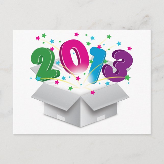 Happy 2013 bursting open box postcard (Front)