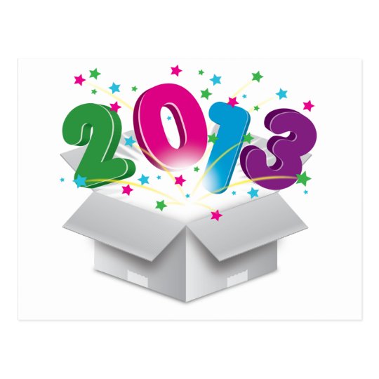 Happy 2013 bursting open box postcard