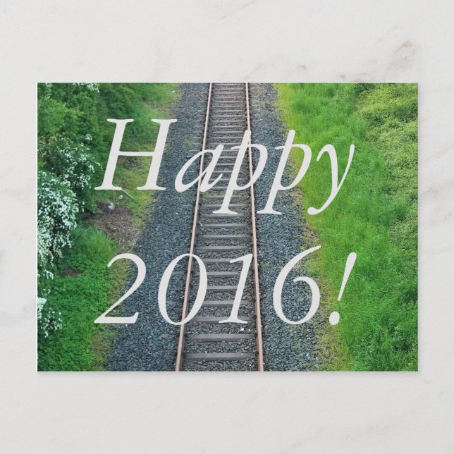 Happy 2016! Train Track Railway in Nature Postcard (Front)