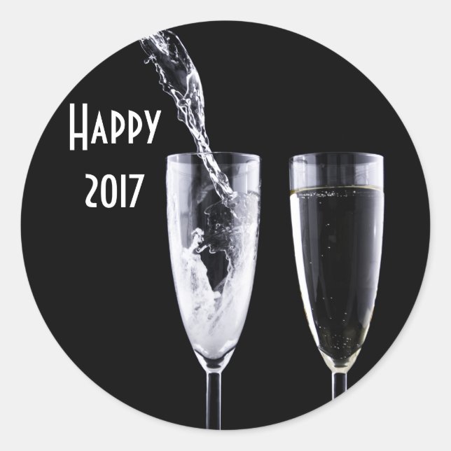 Happy 2017 Black White Champagne Glasses Festive Classic Round Sticker (Front)