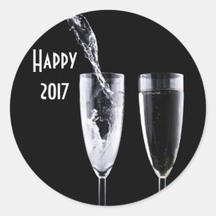 Happy 2017 Black White Champagne Glasses Festive Classic Round Sticker