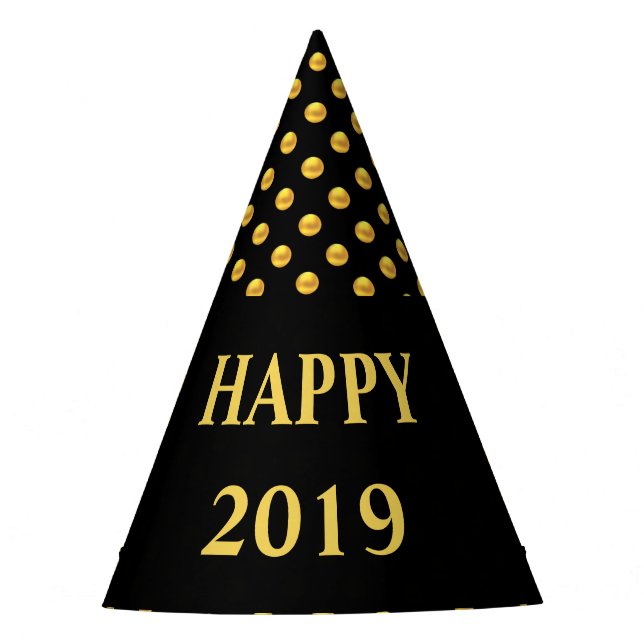 Happy 2019 & Gold Polka Dots Party Hat (Front)