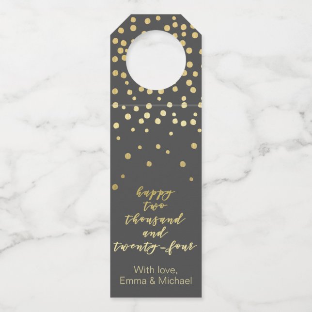Happy 2024 - Gold Script & Gold Sparkles Bottle Tag (Front)