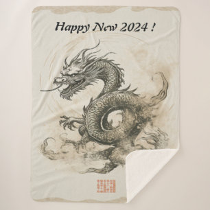 Happy 2024 Year of Dragon Vintage Sketch No1 Sherpa Blanket