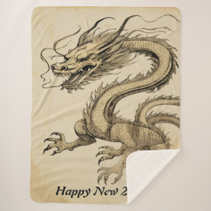 Happy 2024 Year of Dragon Vintage Sketch No2 Sherpa Blanket