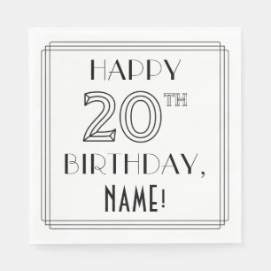 HAPPY 20TH BIRTHDAY; Art Deco Style; Custom Name Napkin