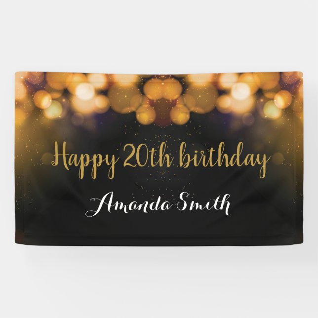 Happy 20th Birthday Banner. Black and Gold Glitter Banner (Horizontal)