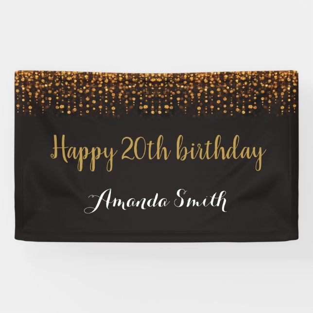 Happy 20th Birthday Banner. Black and Gold Glitter Banner (Horizontal)