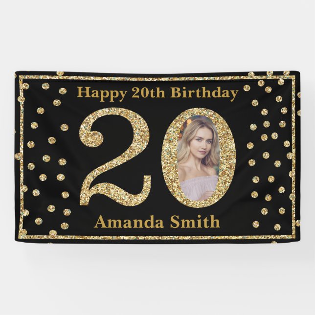 Happy 20th Birthday Banner Black and Gold Photo (Horizontal)