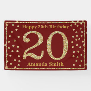 Happy 20th Birthday Banner Burgundy Red Gold