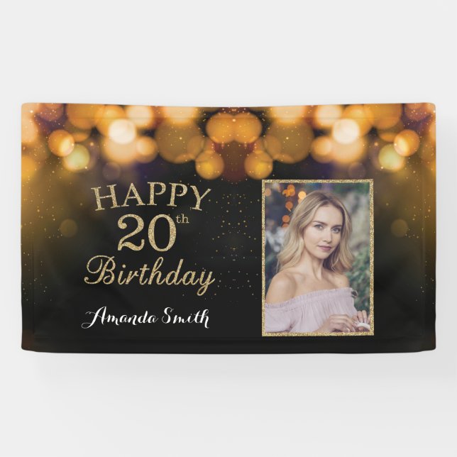 Happy 20th Birthday Banner. Gold Glitter Photo Banner (Horizontal)