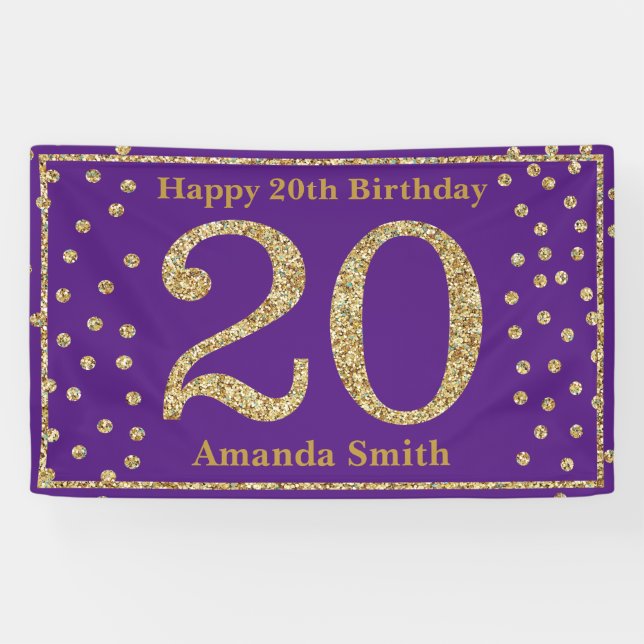 Happy 20th Birthday Banner Purple and Gold Glitter (Horizontal)