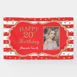 Happy 20th Birthday Banner Red Gold Glitter Photo