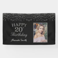 Happy 20th Birthday Banner. Silver Glitter Photo