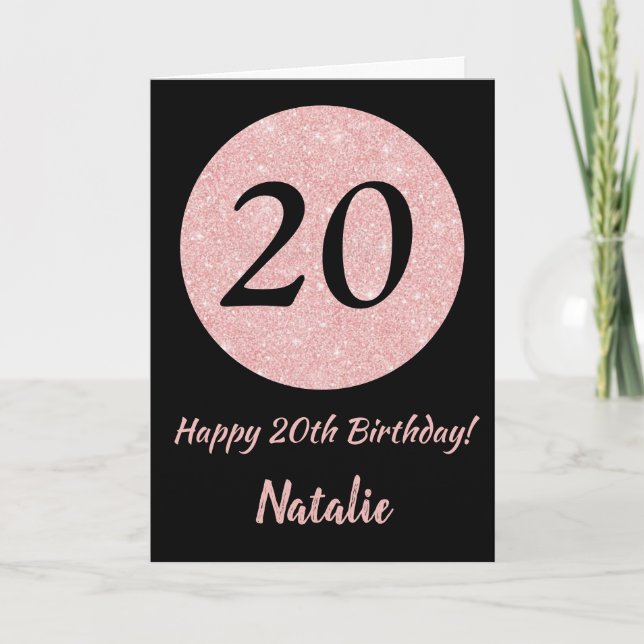 Happy 20th Birthday Black and Rose Pink Gold Card (Front)