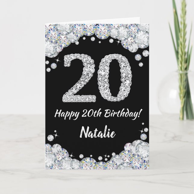 Happy 20th Birthday Black and Silver Glitter Card (Front)