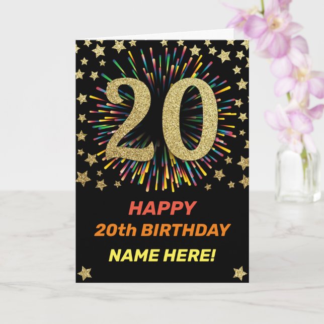 Happy 20th Birthday Black & Gold Rainbow Firework Card (Orchid)