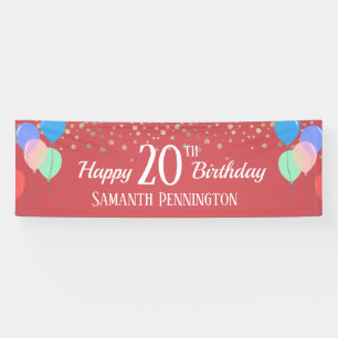 Happy 20th Birthday Confetti and Balloons Banner