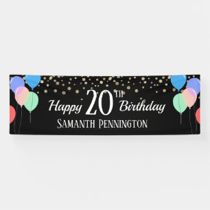 Happy 20th Birthday Confetti and Balloons Banner