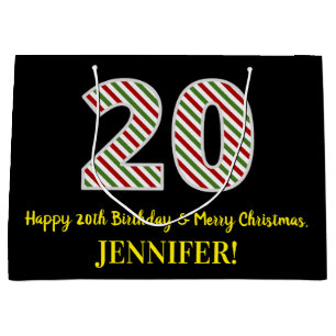 Happy 20th Birthday & Merry Christmas, Custom Name Large Gift Bag