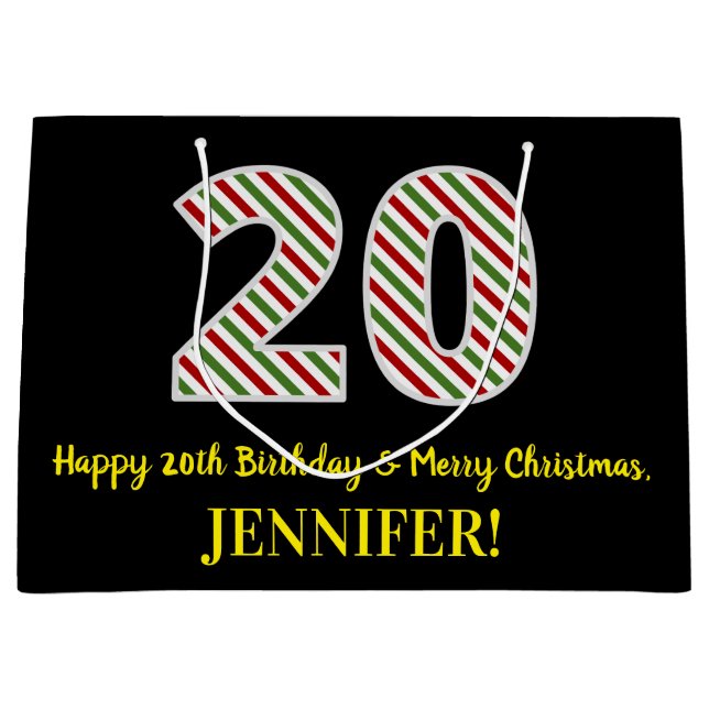 Happy 20th Birthday & Merry Christmas, Custom Name Large Gift Bag (Front)
