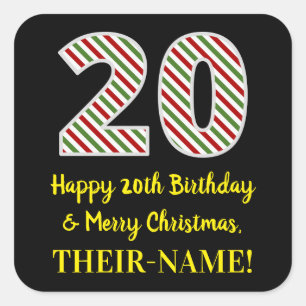 Happy 20th Birthday & Merry Christmas, Custom Name Square Sticker