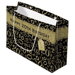 Happy 20th Birthday Number Pattern Black and Gold Large Gift Bag