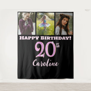 Happy 20th Birthday Party, Pink Glitter & 3 photos Tapestry