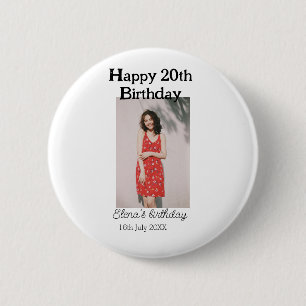 Happy 20th birthday photo modern simple minimal  6 cm round badge