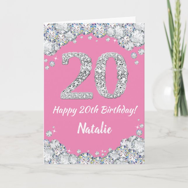Happy 20th Birthday Pink and Silver Glitter Card (Front)