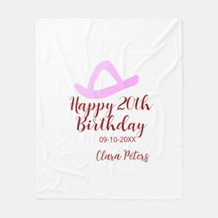 Happy 20th birthday pink cowboy girl name date sim fleece blanket