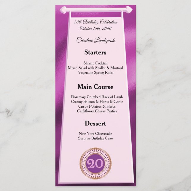 Happy 20th Birthday Pink Glitter Foil Menu (Front)