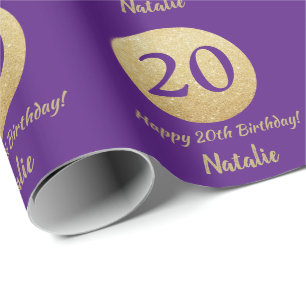 Happy 20th Birthday Purple and Gold Glitter Wrapping Paper
