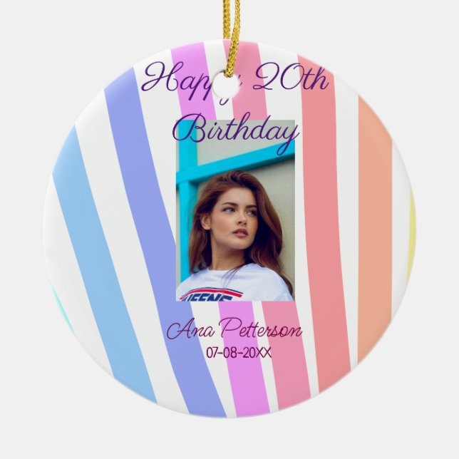 Happy 20th Birthday rainbow rustic boho lines phot Ceramic Tree Decoration (Front)