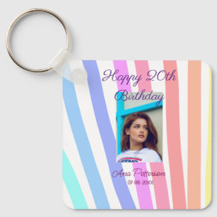 Happy 20th Birthday rainbow rustic boho lines phot Key Ring