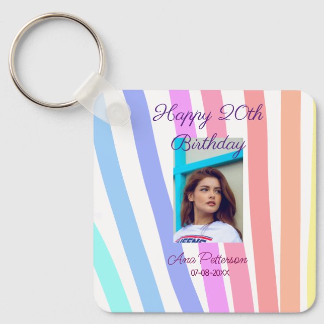 Happy 20th Birthday rainbow rustic boho lines phot Key Ring (Front)