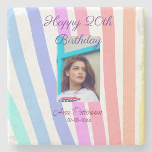 Happy 20th Birthday rainbow rustic boho lines phot Stone Coaster