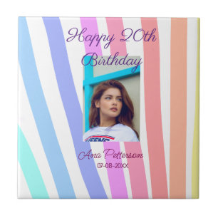 Happy 20th Birthday rainbow rustic boho lines phot Tile