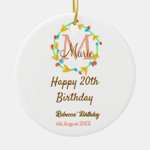 Happy 20th Birthday red add name monogram wreath Ceramic Tree Decoration