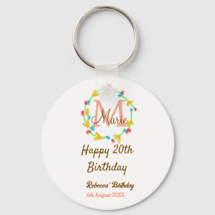 Happy 20th Birthday red add name monogram wreath Key Ring