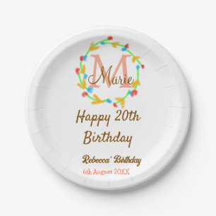 Happy 20th Birthday red add name monogram wreath Paper Plate