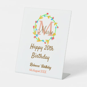 Happy 20th Birthday red add name monogram wreath Pedestal Sign