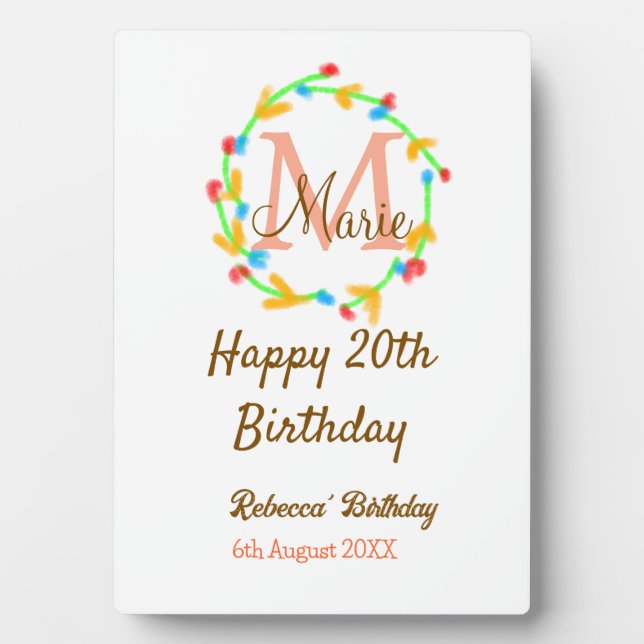 Happy 20th Birthday red add name monogram wreath Plaque (Front)