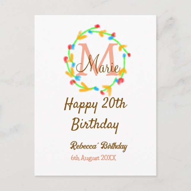 Happy 20th Birthday red add name monogram wreath Postcard (Front)