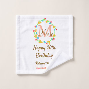 Happy 20th Birthday red add name monogram wreath Wash Cloth