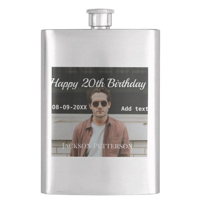 Happy 20th birthday simple photo add name date mod hip flask (Front)