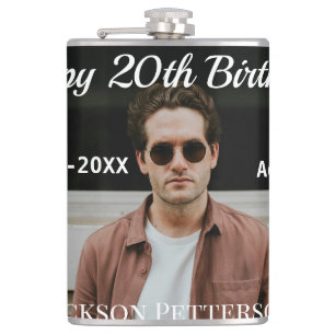 Happy 20th birthday simple photo add name date mod hip flask
