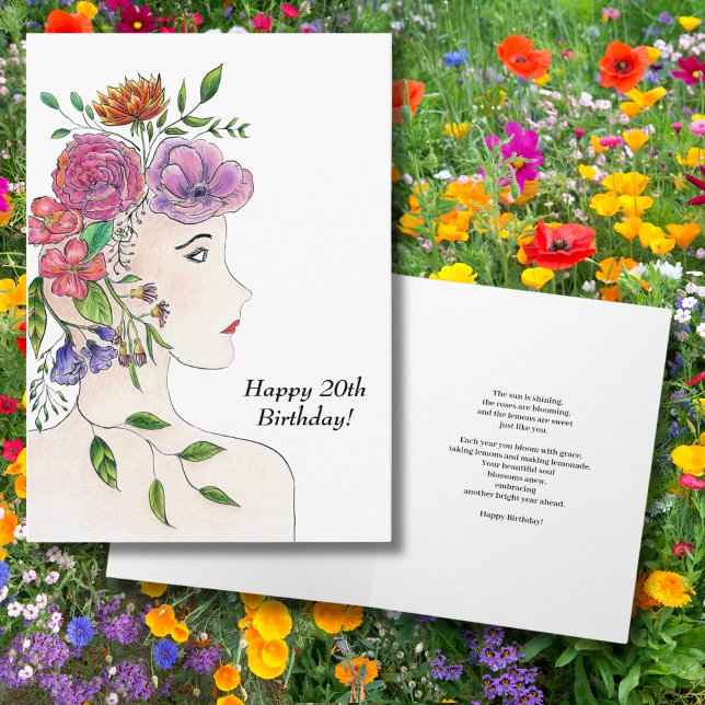 Happy 20th Birthday Woman  Flowers Illustration Card (Hello 20! 🌸 A sweet floral card for her milestone birthday.)